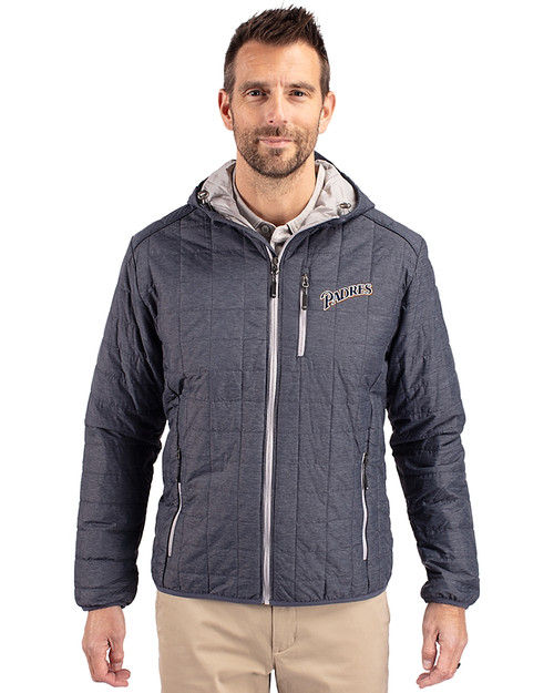 San Diego Padres Cooperstown Cutter & Buck Rainier Primaloft Eco Mens Full Zip Hooded Jacket Anthracite Melange Front