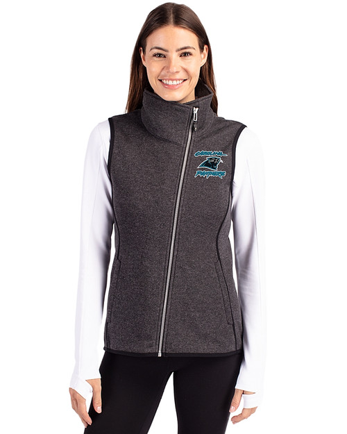 Carolina Panthers Historic Cutter & Buck Mainsail Sweater Knit Womens Asymmetrical Vest Charcoal Heather Front