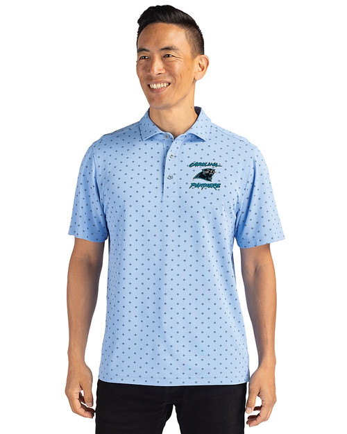 Carolina Panthers Historic Cutter & Buck Virtue Eco Pique Tile Print Recycled Mens Polo Atlas Light Blue Front