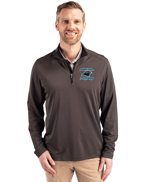 Carolina Panthers Historic Cutter & Buck Virtue Eco Pique Micro Stripe Recycled Mens Big & Tall Quarter Zip Black/Elemental Grey Front