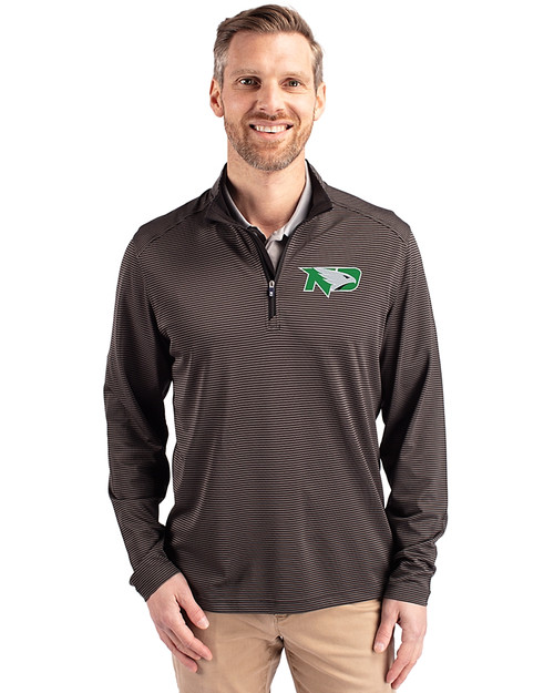 North Dakota Cutter & Buck Virtue Eco Pique Micro Stripe Recycled Mens Big & Tall Quarter Zip Black/Elemental Grey Front