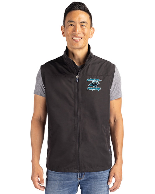 Carolina Panthers Historic Cutter & Buck Charter Recycled Packable Mens Full Zip Vest Black Front