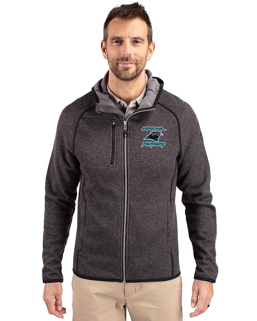 Carolina Panthers Historic Cutter & Buck Mainsail Full Zip Hooded Mens Jacket Charcoal Heather Front