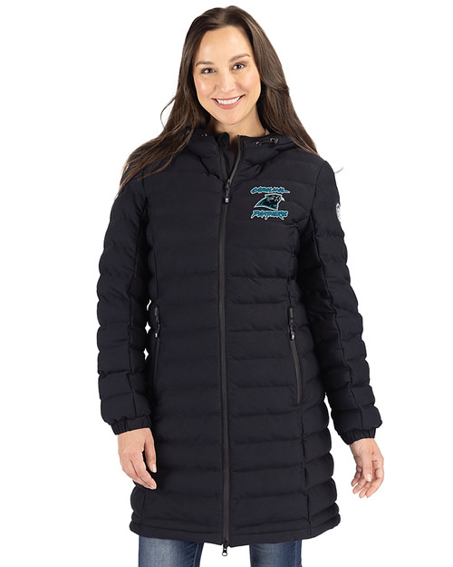 Carolina Panthers Historic Cutter & Buck Mission Ridge Repreve Eco Insulated Womens Long Puffer Jacket Black Front