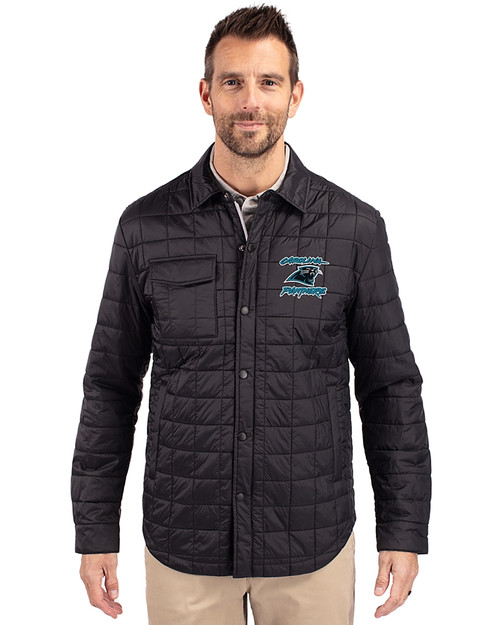 Carolina Panthers Historic Cutter & Buck Rainier PrimaLoft® Mens Eco Insulated Quilted Shirt Jacket Black Front