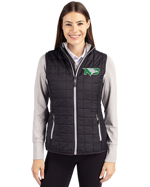 North Dakota Cutter & Buck Rainier PrimaLoft® Womens Eco Insulated Full Zip Puffer Vest Black Front