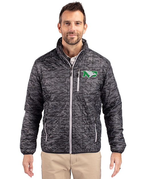 North Dakota Cutter & Buck Rainier PrimaLoft® Mens Eco Insulated Full Zip Printed Puffer Jacket Black Front