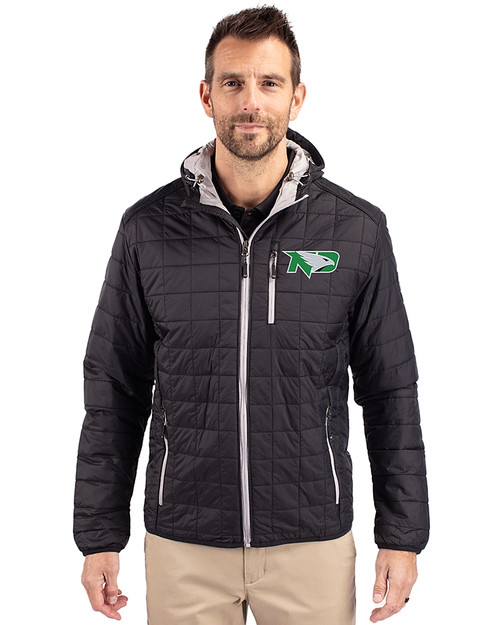 North Dakota Cutter & Buck Rainier Primaloft Eco Mens Full Zip Hooded Jacket Black Front