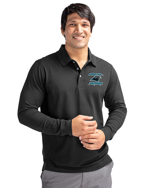 Carolina Panthers Historic Cutter & Buck Advantage Eco Tri-Blend Pique Mens Big and Tall Long Sleeve Polo Black Front