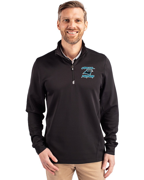 Carolina Panthers Historic Cutter & Buck Traverse Recycled Smooth Stretch Mens Big & Tall Quarter Zip Pullover Black Front