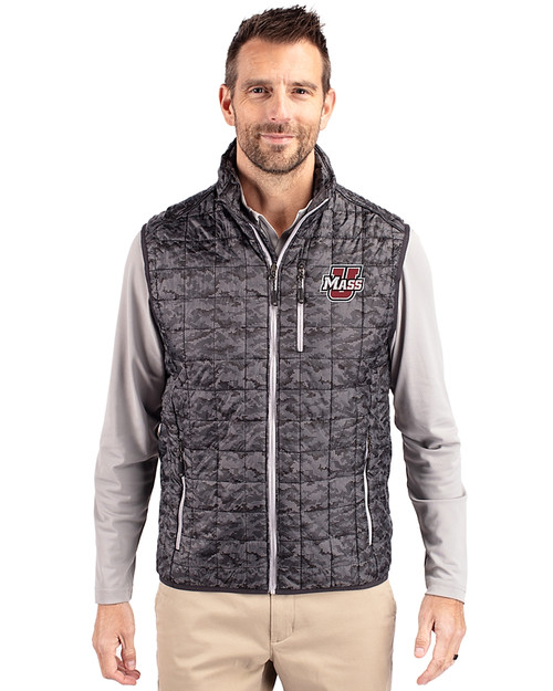 Umass Minutemen Cutter & Buck Rainier PrimaLoft® Mens Eco Insulated Full Zip Printed Puffer Vest Black Front