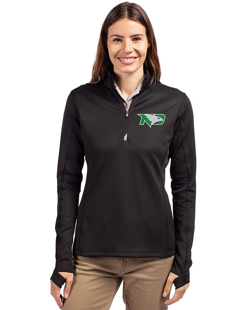 North Dakota Cutter & Buck Traverse Stretch Eco Quarter Zip Womens Pullover Black Front