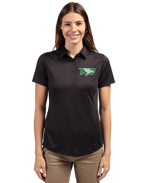 North Dakota Cutter & Buck Prospect Eco Textured Stretch Recycled Womens Short Sleeve Polo Black Front