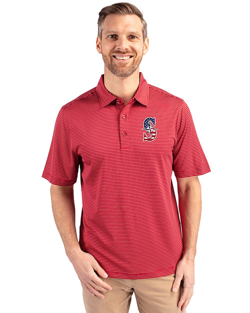 Seattle Mariners Stars & Stripes Cutter & Buck Forge Pencil Stripe Stretch Mens Big and Tall Polo Cardinal Red Front