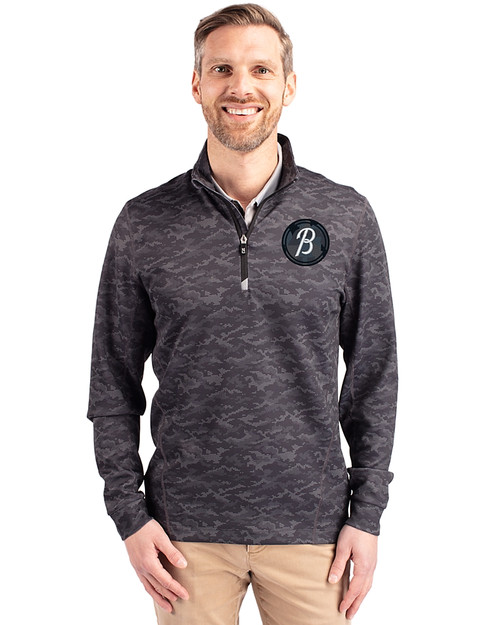 Baltimore Orioles City Connect Cutter & Buck Traverse Stretch Eco Camo Print Quarter Zip Mens Pullover Black Front