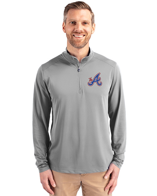 Atlanta Braves City Connect Cutter & Buck Virtue Eco Pique Recycled Quarter Zip Mens Big & Tall Pullover Polished Medium Gray Front