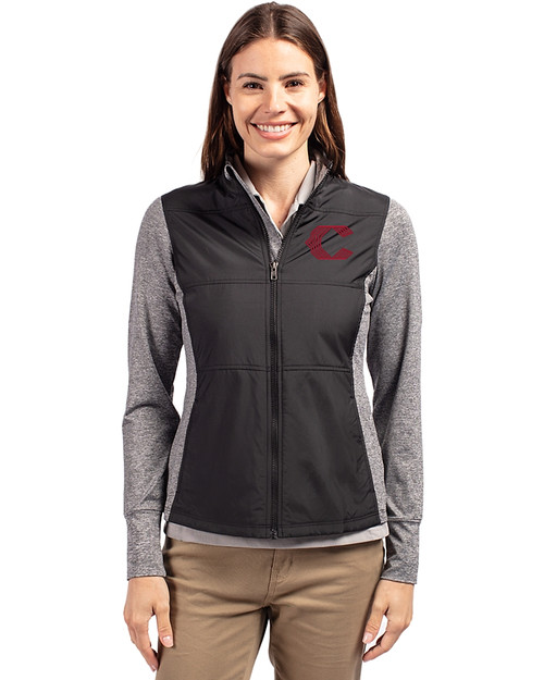 Cincinnati Reds City Connect Cutter & Buck Stealth Hybrid Quilted Womens Full Zip Windbreaker Jacket Black Front