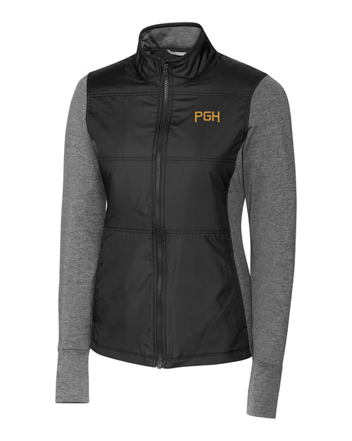 Pittsburgh Pirates City Connect Cutter & Buck Stealth Hybrid Quilted Womens Full Zip Windbreaker Jacket BL_MANN_HG 1