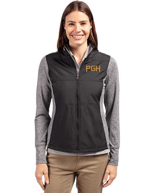 Pittsburgh Pirates City Connect Cutter & Buck Stealth Hybrid Quilted Womens Full Zip Windbreaker Jacket Black Front