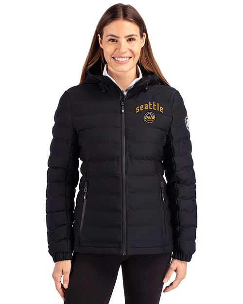 Seattle Mariners City Connect Cutter & Buck Mission Ridge Repreve® Eco Insulated Womens Puffer Jacket Black Front