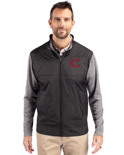 Cincinnati Reds City Connect Cutter & Buck Stealth Hybrid Quilted Mens Big and Tall Full Zip Windbreaker Jacket Black Front