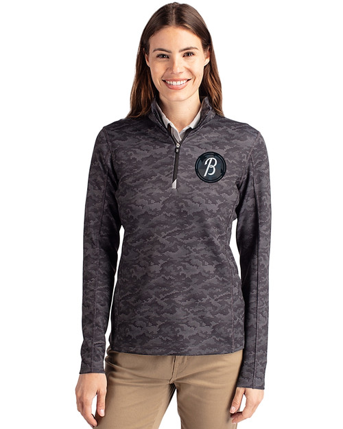 Baltimore Orioles City Connect Cutter & Buck Traverse Stretch Eco Camo Print Quarter Zip Womens Pullover Black Front