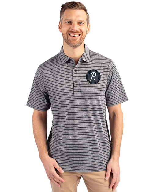 Baltimore Orioles City Connect Cutter & Buck Forge Eco Heather Stripe Stretch Recycled Mens Polo Black Heather Front
