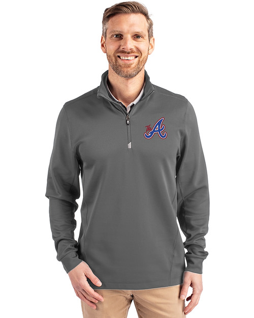Atlanta Braves City Connect Cutter & Buck Traverse Stretch Eco Quarter Zip Mens Pullover Elemental Grey Front