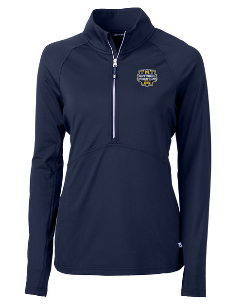 Michigan Wolverines 2023 College Football National Champions Cutter & Buck Adapt Eco Knit Stretch Recycled Womens Half Zip Pullover NVBU_MANN_HG 1