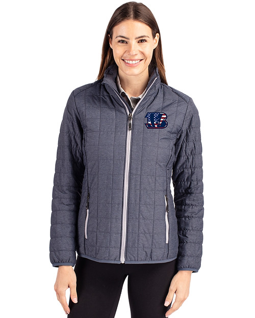 Cincinnati Bengals Americana Cutter & Buck Rainier PrimaLoft®  Womens Eco Insulated Full Zip Puffer Jacket Anthracite Melange Front