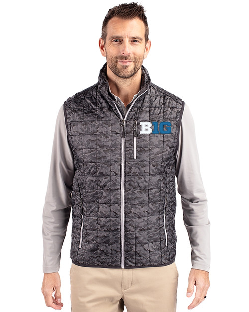 BIG 10 Conference Cutter & Buck Rainier PrimaLoft® Mens Eco Insulated Full Zip Printed Puffer Vest Black Front