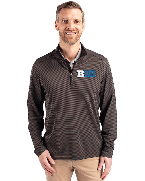 BIG 10 Conference Cutter & Buck Virtue Eco Pique Micro Stripe Recycled Mens Big & Tall Quarter Zip Black/Elemental Grey Front