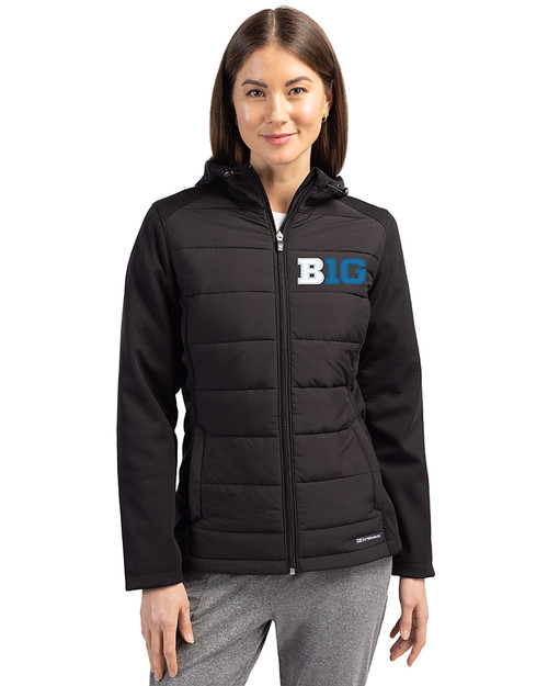 BIG 10 Conference Cutter & Buck Evoke Hybrid Softshell Recycled Full Zip Womens Hooded Jacket Black Front