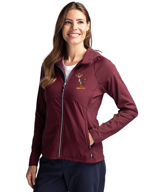 Minnesota Golden Gophers College Vault Cutter & Buck Adapt Eco Knit Hybrid Recycled Womens Full Zip Jacket Bordeaux Front