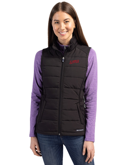 SMU Mustangs College Vault Cutter & Buck Evoke Hybrid Softshell Recycled Womens Full Zip Vest Black Front