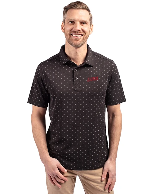 SMU Mustangs College Vault Cutter & Buck Virtue Recycled Tile Print Featherlight Pique Mens Big & Tall  Polo Black Front