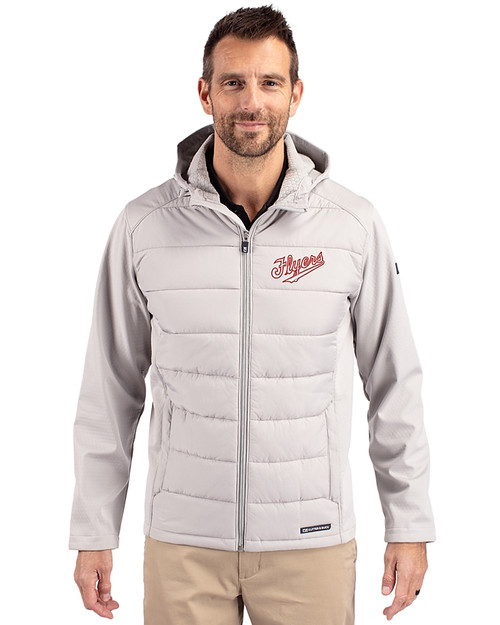 Dayton Flyers College Vault Cutter & Buck Evoke Hybrid Softshell Recycled Full Zip Mens Hooded Jacket CONCRETE Front
