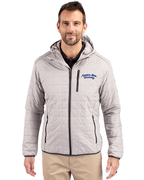 Montana State Bobcats College Vault Cutter & Buck Rainier Primaloft Eco Mens Full Zip Hooded Jacket Polished Medium Gray Front