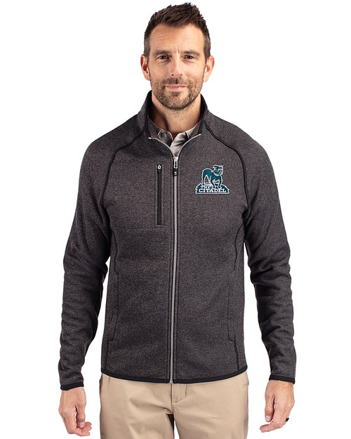 Citadel Bulldogs Vintage Cutter & Buck Mainsail Sweater-Knit Mens Full Zip Jacket Charcoal Heather Front