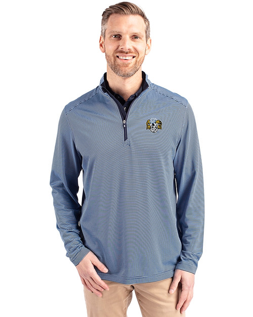 North Carolina Tar Heels College Vault Cutter & Buck Virtue Eco Pique Micro Stripe Recycled Mens Quarter Zip Atlas/Navy Blue Front