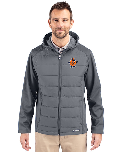 Syracuse Orange College Vault Cutter & Buck Evoke Hybrid Eco Softshell Recycled Full Zip Mens Big & Tall Hooded Jacket Elemental Grey Front