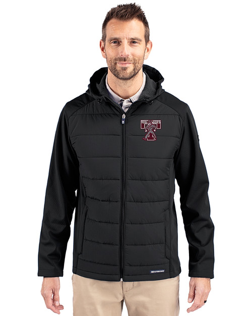 Texas A and M Aggies College Vault Cutter & Buck Evoke Hybrid Eco Softshell Recycled Full Zip Mens Big & Tall Hooded Jacket Black Front