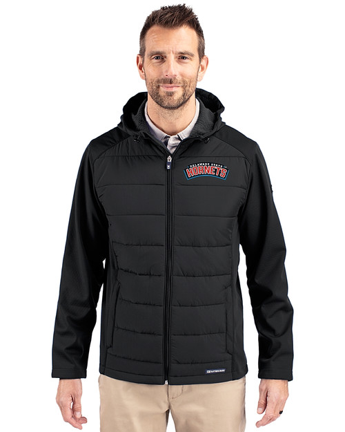 Delaware State Hornets Cutter & Buck Evoke Hybrid Eco Softshell Recycled Full Zip Mens Big & Tall Hooded Jacket Black Front
