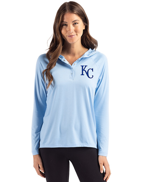 Kansas City Royals Cutter & Buck Coastline Epic Comfort Recycled Womens Hooded Shirt Atlas Light Blue Front