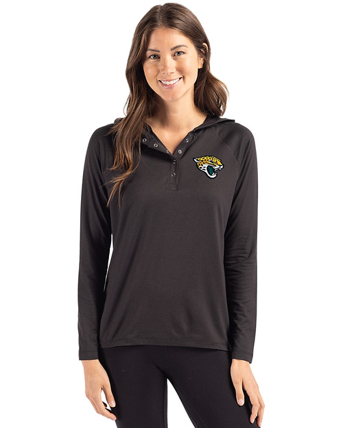 Jacksonville Jaguars Cutter & Buck Coastline Epic Comfort Recycled Womens Hooded Shirt Black Front