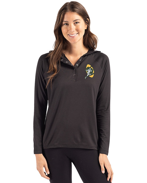 Green Bay Packers Historic Cutter & Buck Coastline Epic Comfort Recycled Womens Hooded Shirt Black Front