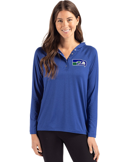 Seattle Seahawks Historic Cutter & Buck Coastline Epic Comfort Recycled Womens Hooded Shirt Tour Blue Front