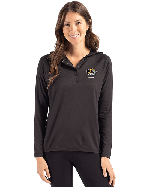 Missouri Tigers Alumni Cutter & Buck Coastline Epic Comfort Recycled Womens Hooded Shirt Black Front