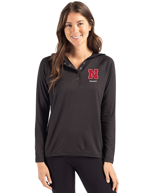 Nebraska Cornhuskers Alumni Cutter & Buck Coastline Epic Comfort Recycled Womens Hooded Shirt Black Front