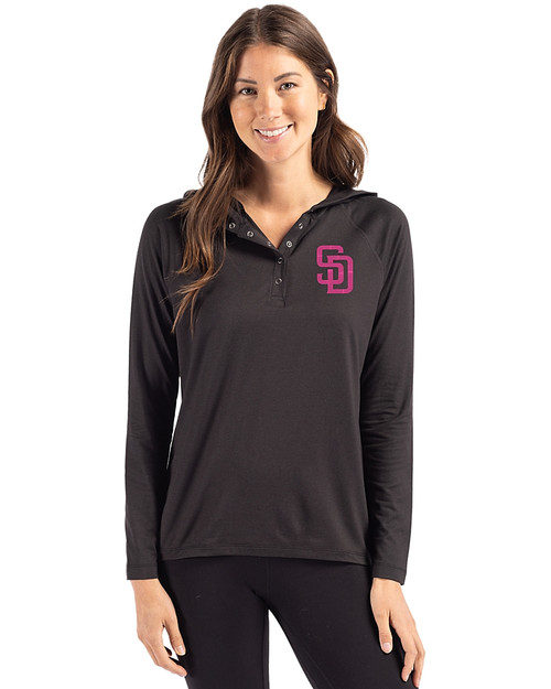 San Diego Padres City Connect Cutter & Buck Coastline Epic Comfort Recycled Womens Hooded Shirt Black Front